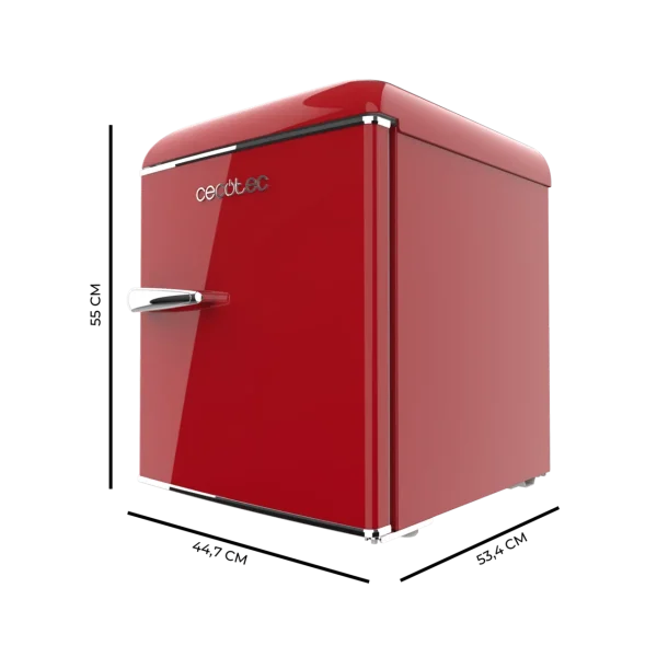 Imagen 3 Mini frigorífico retro rojo Cecotec de 45L, altura 55cm y eficiencia clase E. Diseño vintage ideal para oficinas y dormitorios con bajo nivel sonoro.