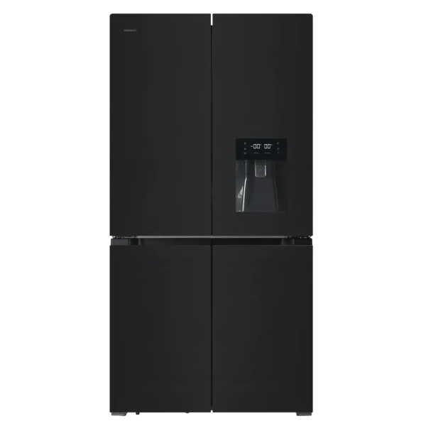 Frigorífico Cecotec Bolero CoolMarket 4D 564 Glass E de cuatro puertas en cristal negro con dispensador de agua