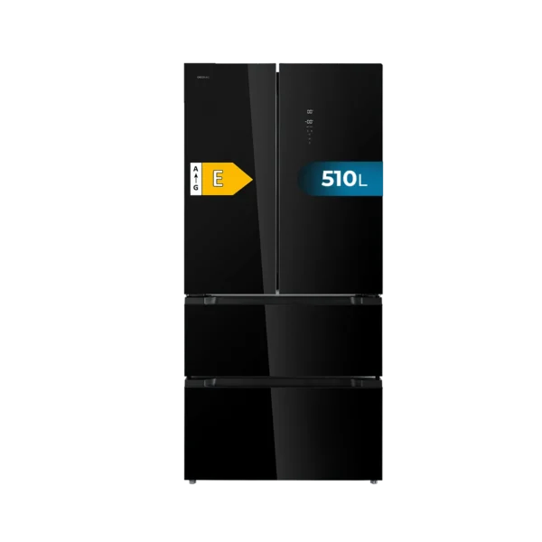 Frigorífico de cuatro puertas Bolero CoolMarket FD 510 Glass E en color cristal negro con panel de control táctil exterior