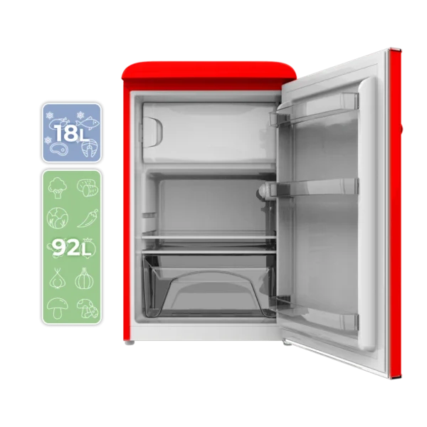 Imagen 4 Mini frigorífico retro Cecotec Bolero CoolMarket TT Origin 110 Red E de 110L, clase E, con Icebox, diseño vintage rojo y luz LED. Ideal para espacios reducidos.