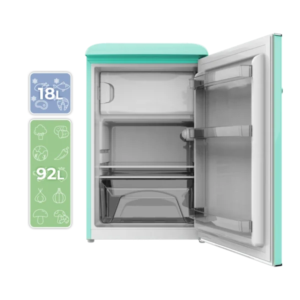 Imagen 4 Mini frigorífico retro Bolero CoolMarket TT Origin 110 Green E de 110L, eficiencia clase E, Icebox, luz LED interior y diseño vintage en color verde.