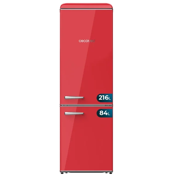 Frigorífico combi retro Cecotec Bolero CoolMarket Origin 300 Red E en color rojo con tirador cromado y abridor de botellas