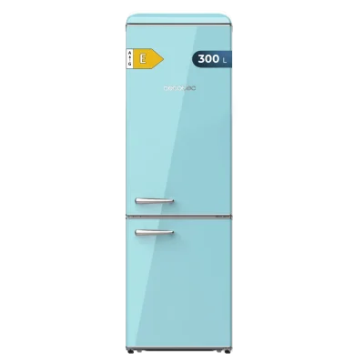 Frigorífico combi retro Cecotec Bolero CoolMarket Origin 300 Blue E de color azul con tirador cromado y abridor de botellas