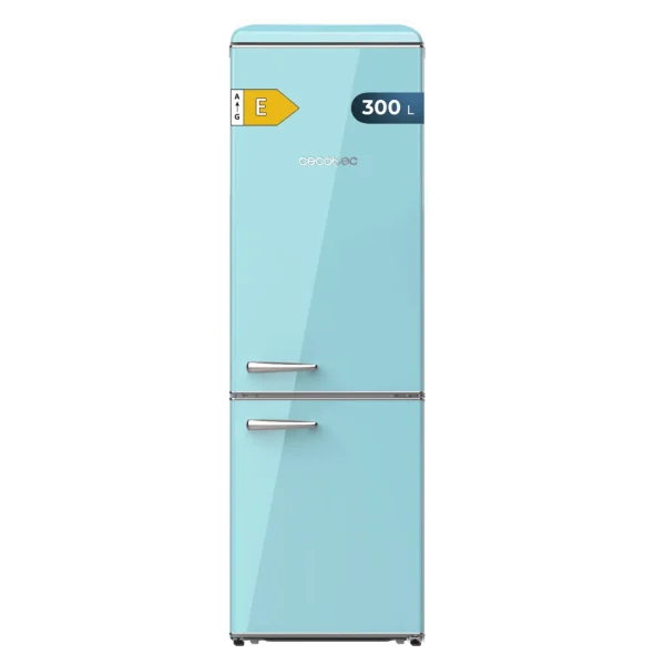 Frigorífico combi retro Cecotec Bolero CoolMarket Origin 300 Blue E de color azul con tirador cromado y abridor de botellas