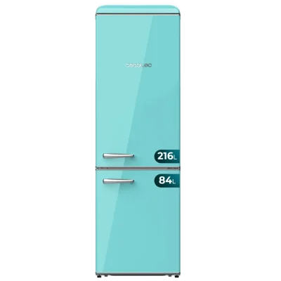 Frigorífico combi retro Bolero CoolMarket Combi Origin 300 Green E de color verde con tiradores cromados