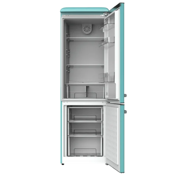 Imagen 3 Frigorífico combi retro Bolero CoolMarket Combi Origin 300 Green E de 300L. Diseño vintage verde con tiradores cromados, luz LED y eficiencia energética clase E.