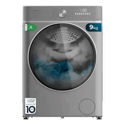 Vista frontal de la lavadora Cecotec Bolero DressCode 9800 Inverter Steel A de 9 kg en color acero