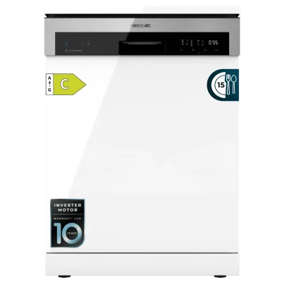 Vista frontal del lavavajillas Cecotec Bolero Aguazero 6500 C de 60 cm en color blanco con Motor Inverter Plus