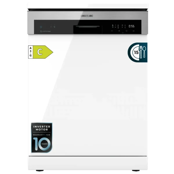 Vista frontal del lavavajillas Cecotec Bolero Aguazero 6500 C de 60 cm en color blanco con Motor Inverter Plus