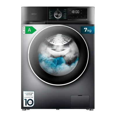 Vista frontal de la lavadora CECOTEC Bolero DressCode 7500 Inverter Steel A de 7 kg en color acero