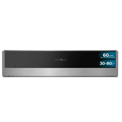 Vista frontal del calientaplatos integrable Cecotec Bolero Hexa WD Edge integrado en mueble de cocina