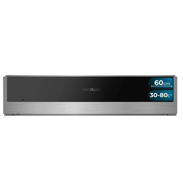 Vista frontal del calientaplatos integrable Cecotec Bolero Hexa WD Edge integrado en mueble de cocina