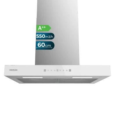 Campana extractora decorativa en forma de T Bolero Flux TT 605500 Glass White de Cecotec con frontal de vidrio blanco y control táctil