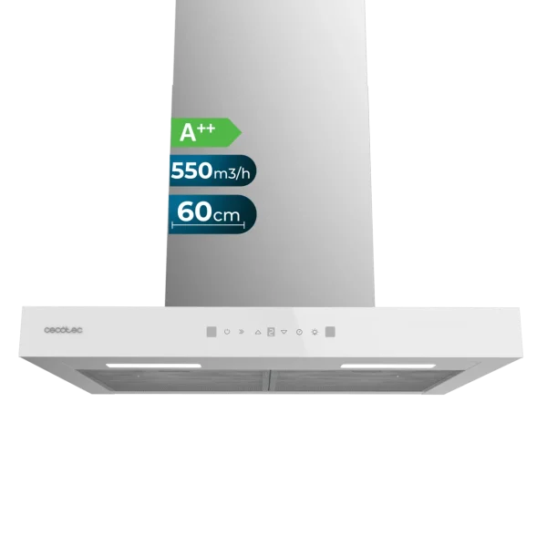 Campana extractora decorativa en forma de T Bolero Flux TT 605500 Glass White de Cecotec con frontal de vidrio blanco y control táctil