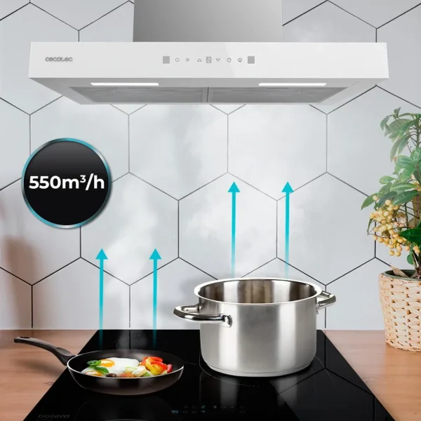 Imagen 8 Campana extractora Bolero Flux TT 605500 Glass White A++ de 60 cm. Succión de 550 m³/h, control táctil, sensor de humos y control gestual para tu cocina.