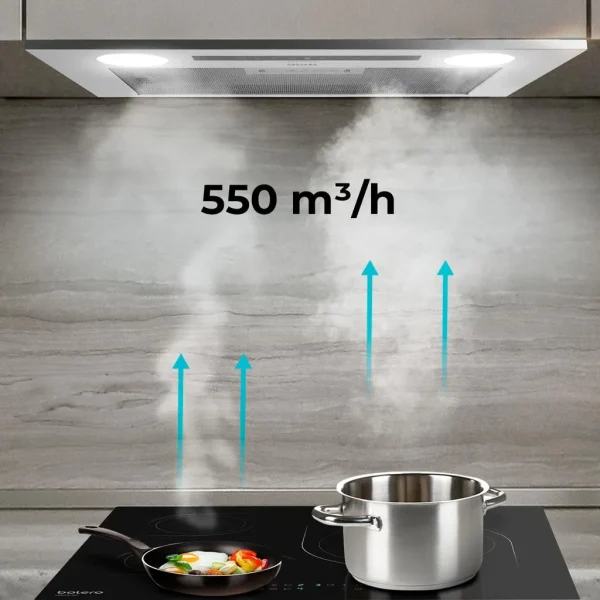 Imagen 7 Campana integral Bolero Flux IT 525500 Inox A++ de 52 cm. Potencia de 550 m3/h, motor de 75W, control táctil y eficiencia energética A++ para una cocina limpia.
