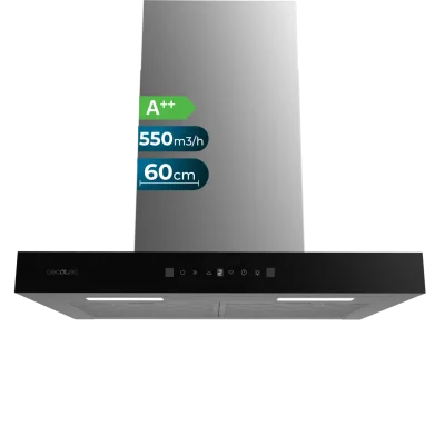 Campana extractora Cecotec Bolero Flux TT 605500 Glass Black frontal de cristal negro con diseño en T