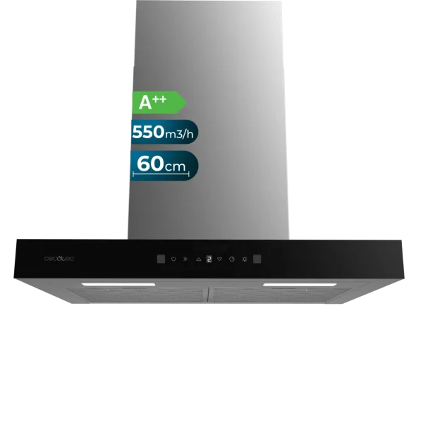 Campana extractora Cecotec Bolero Flux TT 605500 Glass Black frontal de cristal negro con diseño en T