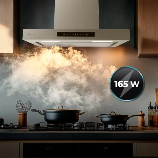 Imagen 7 Campana extractora de 60cm Bolero Flux TT 608000 con 800 m³/h, eficiencia A++, motor de 220W, control gestual, sensor de humo y acabado en cristal negro e inox.