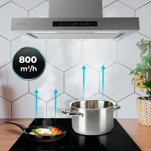 Imagen 8 Campana extractora de 60cm Bolero Flux TT 608000 con 800 m³/h, eficiencia A++, motor de 220W, control gestual, sensor de humo y acabado en cristal negro e inox.