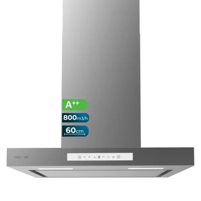 Campana extractora de pared Cecotec Bolero Flux TT 608000 Slim Glass White de 60 cm con acabado en acero inoxidable y panel de cristal blanco.