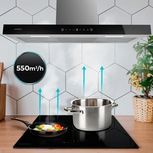 Imagen 8 Campana extractora de 90 cm Bolero Flux TT 905500. Succión 550 m3/h, eficiencia A++, control gestual y sensor de humos. Elegante acabado en vidrio negro.