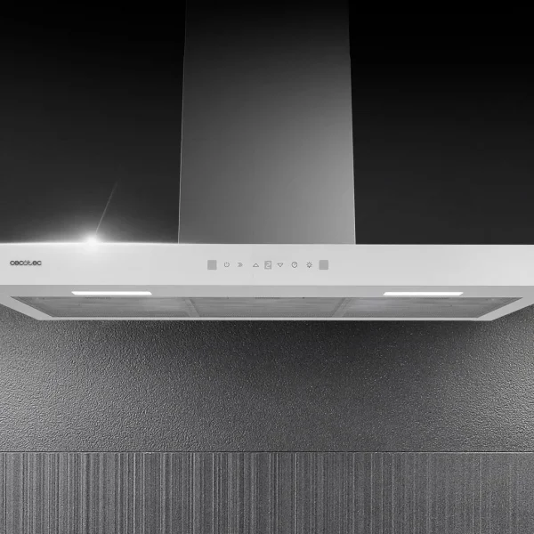 Imagen 7 Campana T Bolero Flux TT 905500 Glass White de 90 cm con succión de 550 m3/h, motor de 70W, eficiencia A++, sensor de humo y control por gestos en cristal blanco.