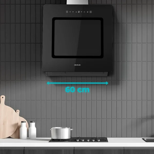 Imagen 5 Campana decorativa Cecotec de 60 cm con 800 m3/h de succión, eficiencia A++, control gestual y sensor de humo. Diseño en cristal negro para cocinas modernas.