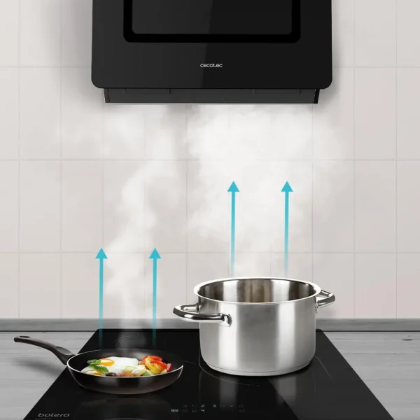 Imagen 7 Campana decorativa Cecotec de 60 cm con 800 m3/h de succión, eficiencia A++, control gestual y sensor de humo. Diseño en cristal negro para cocinas modernas.