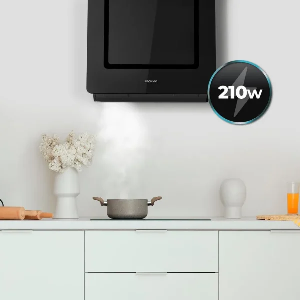 Imagen 8 Campana decorativa Cecotec de 60 cm con 800 m3/h de succión, eficiencia A++, control gestual y sensor de humo. Diseño en cristal negro para cocinas modernas.