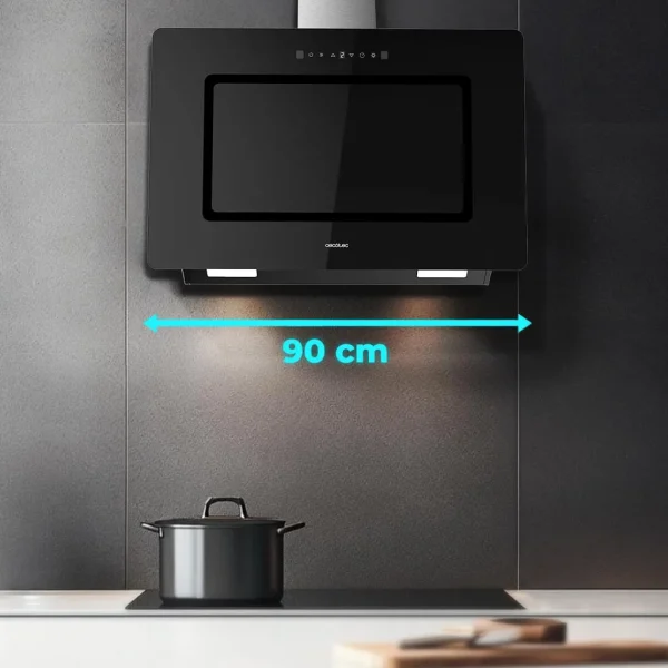 Imagen 5 Campana decorativa Bolero Flux DT 908002 de 90 cm con succión de 800 m³/h y eficiencia A++. Incluye Hand Movement Control, sensor de humos y acabado cristal negro.