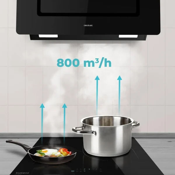 Imagen 7 Campana decorativa Bolero Flux DT 908002 de 90 cm con succión de 800 m³/h y eficiencia A++. Incluye Hand Movement Control, sensor de humos y acabado cristal negro.