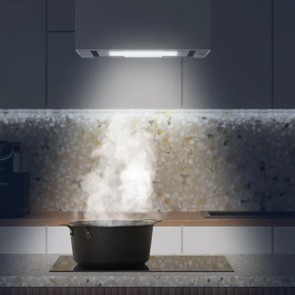 Imagen 8 Campana colgante Bolero Flux CCT 448000 Glass White A++. 800 m3/h de succión, control gestual, sensor de humo y diseño en vidrio blanco de 44 cm de ancho.