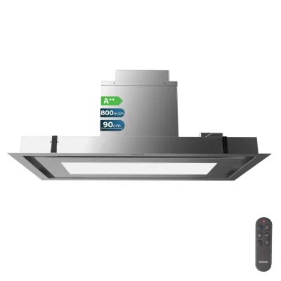 Vista inferior de la campana de techo integrable Cecotec Bolero Flux TIR 908000 Inox de 90 cm con iluminación LED activa