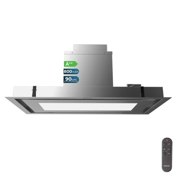Vista inferior de la campana de techo integrable Cecotec Bolero Flux TIR 908000 Inox de 90 cm con iluminación LED activa