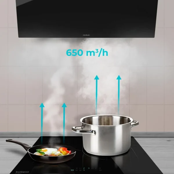 Imagen 7 Campana decorativa Cecotec Bolero Flux DM 906500 de 90 cm. Succión de 650 m3/h, motor de 165W, eficiencia energética A y elegante acabado en cristal negro.