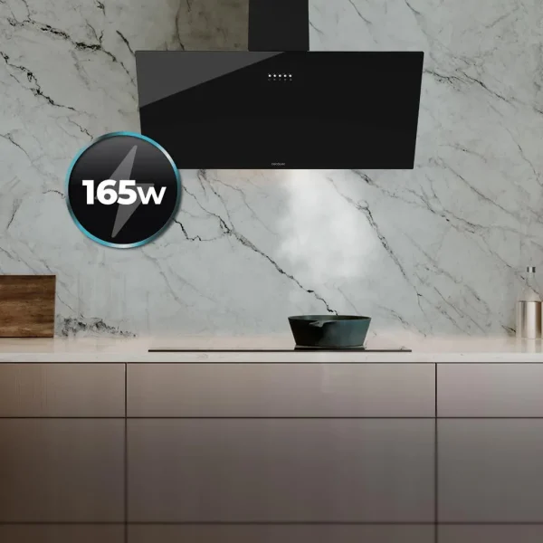 Imagen 8 Campana decorativa Cecotec Bolero Flux DM 906500 de 90 cm. Succión de 650 m3/h, motor de 165W, eficiencia energética A y elegante acabado en cristal negro.