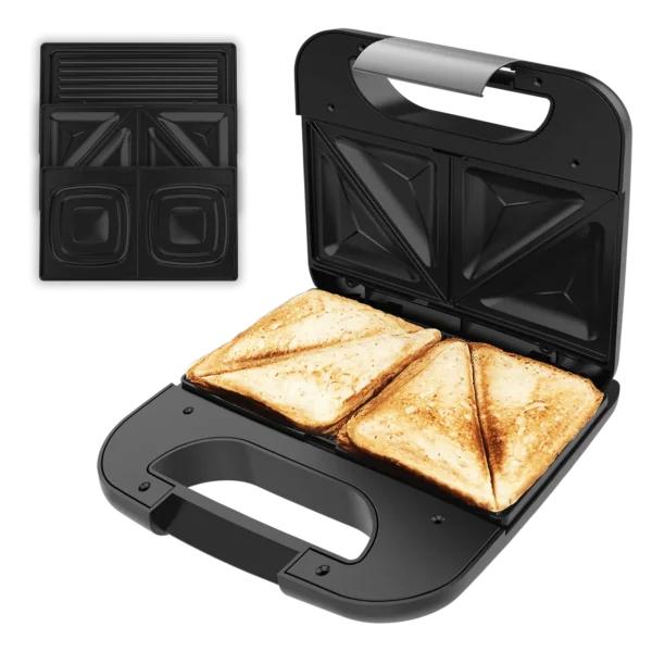 Imagen 2 Sandwichera 3 en 1 de 800 W con placas intercambiables. Tuesta sándwiches, gofres y grill. Revestimiento antiadherente RockStone y acabados en acero inoxidable.