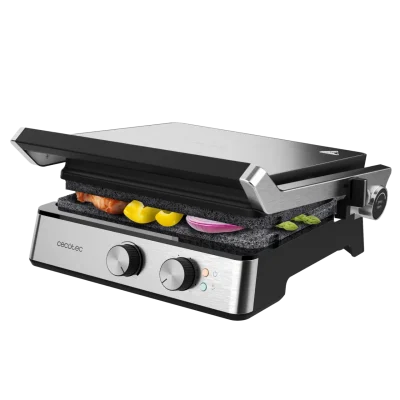 Parrilla eléctrica Rock'nGrill Blaze de 2400 W con placas extraíbles RockStone y apertura de 180 grados sobre encimera