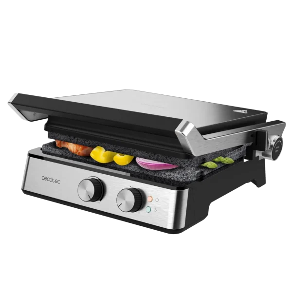 Parrilla eléctrica Rock'nGrill Blaze de 2400 W con placas extraíbles RockStone y apertura de 180 grados sobre encimera