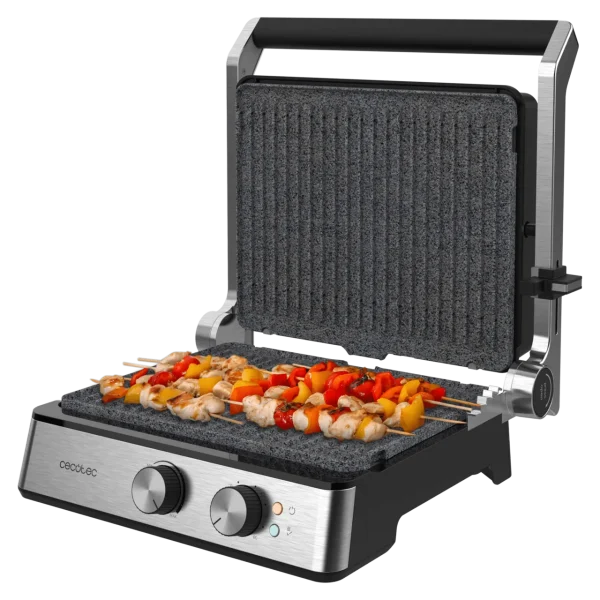Imagen 2 Parrilla eléctrica Rock'nGrill Blaze de 2400 W con placas extraíbles RockStone, apertura 180º y control de temperatura y tiempo para un cocinado preciso.