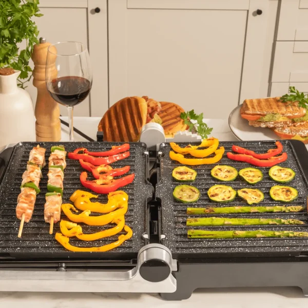 Imagen 7 Parrilla eléctrica Rock'nGrill Blaze de 2400 W con placas extraíbles RockStone, apertura 180º y control de temperatura y tiempo para un cocinado preciso.