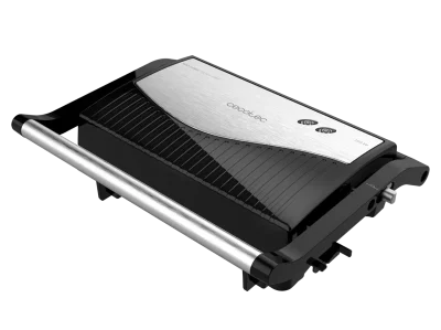 Parrilla eléctrica Cecotec Rock'nGrill 750 Full Open abierta 180 grados mostrando placas con revestimiento de piedra RockStone