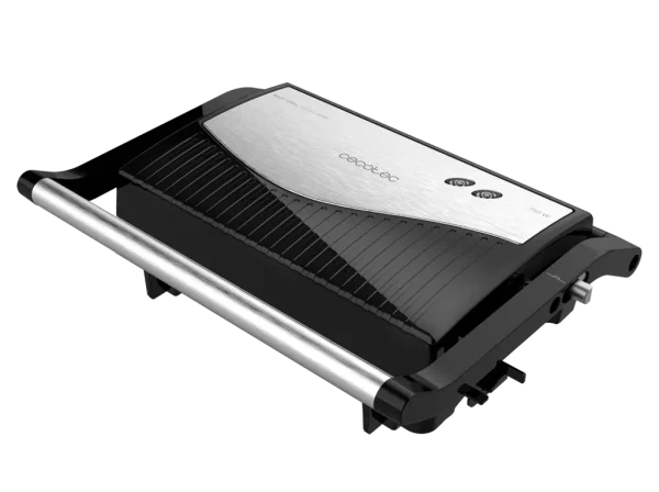 Imagen 2 Parrilla eléctrica de 750 W con apertura de 180º y revestimiento RockStone. Superficie de 23x14,5 cm, placa superior flotante y fácil limpieza.