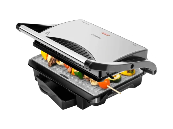 Parrilla eléctrica Cecotec Rock'nGrill 1000 con revestimiento RockStone y placa superior flotante en acabado acero y negro