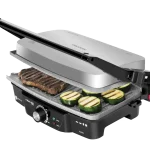 Parrilla eléctrica Cecotec Rock'nGrill 1500 cerrada con acabado en acero inoxidable y asa de tacto frío