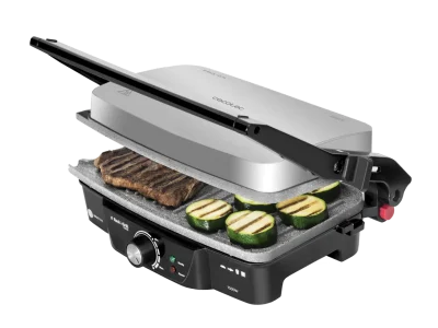 Parrilla eléctrica Cecotec Rock'nGrill 1500 cerrada con acabado en acero inoxidable y asa de tacto frío