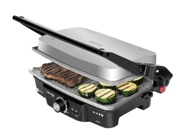 Parrilla eléctrica Cecotec Rock'nGrill 1500 cerrada con acabado en acero inoxidable y asa de tacto frío