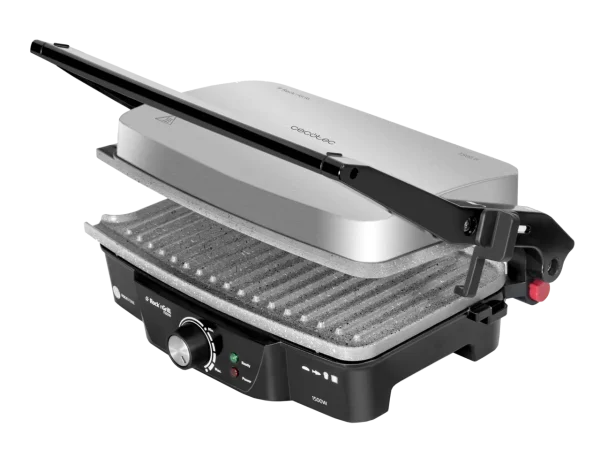 Imagen 2 Parrilla eléctrica de 1500 W con revestimiento RockStone antiadherente. Apertura de 180º, placa superior flotante y cajetín recogegrasas para cocina limpia.