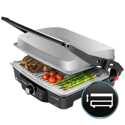 Parrilla eléctrica Cecotec Rock'nGrill 2000 con acabado en acero inoxidable y apertura de 180 grados